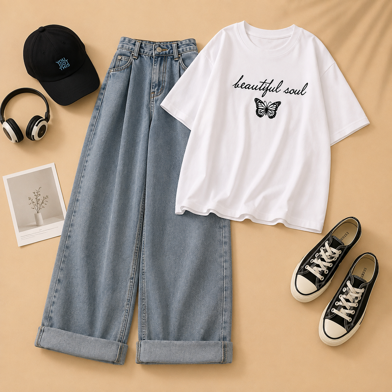 WHITE BEAUTIFUL SOUL BUTTERFLY TEE WITH ICE BLUE WIDE LEG