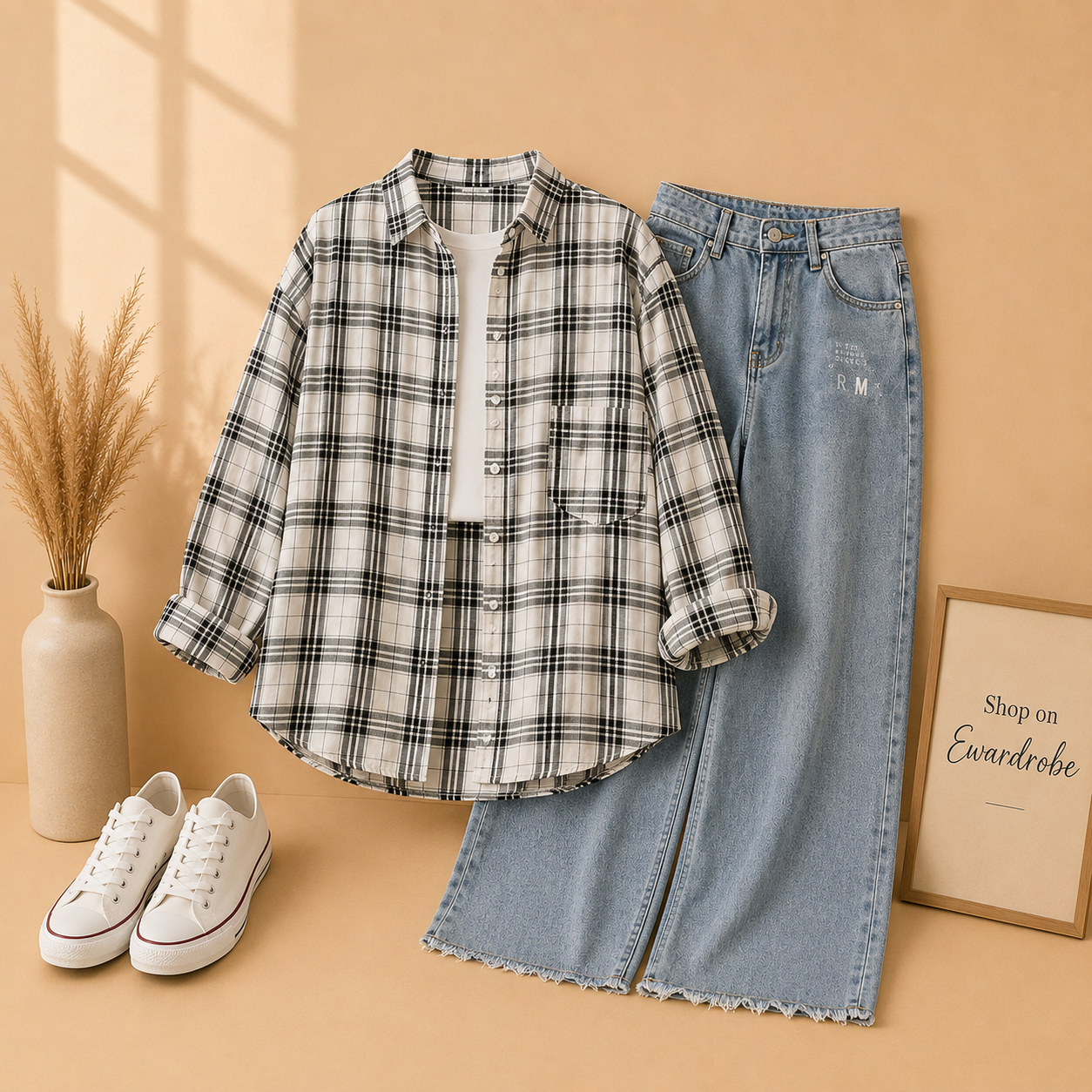 SIMPLE CHECK SHIRT OUTFIT 3 PIECE