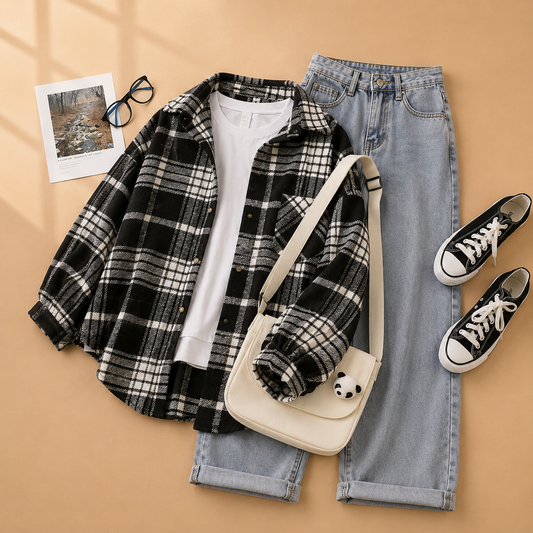 BLACK CHECK SHIRT OUTFIT 3PCS