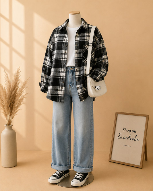 BLACK CHECK SHIRT OUTFIT 3PCS