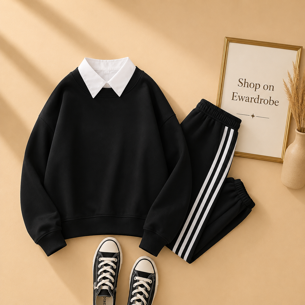 Black Collar Sweatshirt with 3 Stripes Trouser