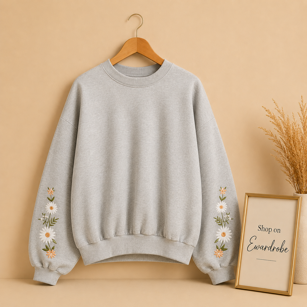 White flowers on sleeves Grey Sweatshirt