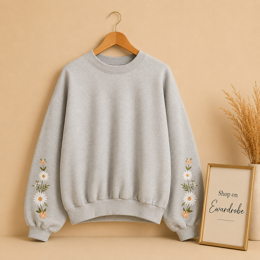White flowers on sleeves Grey Sweatshirt