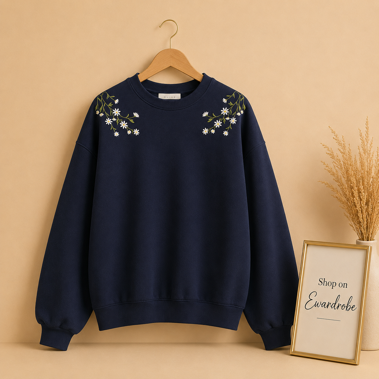 Shoulder Flower From Both Sides Navyblue Sweatshirt