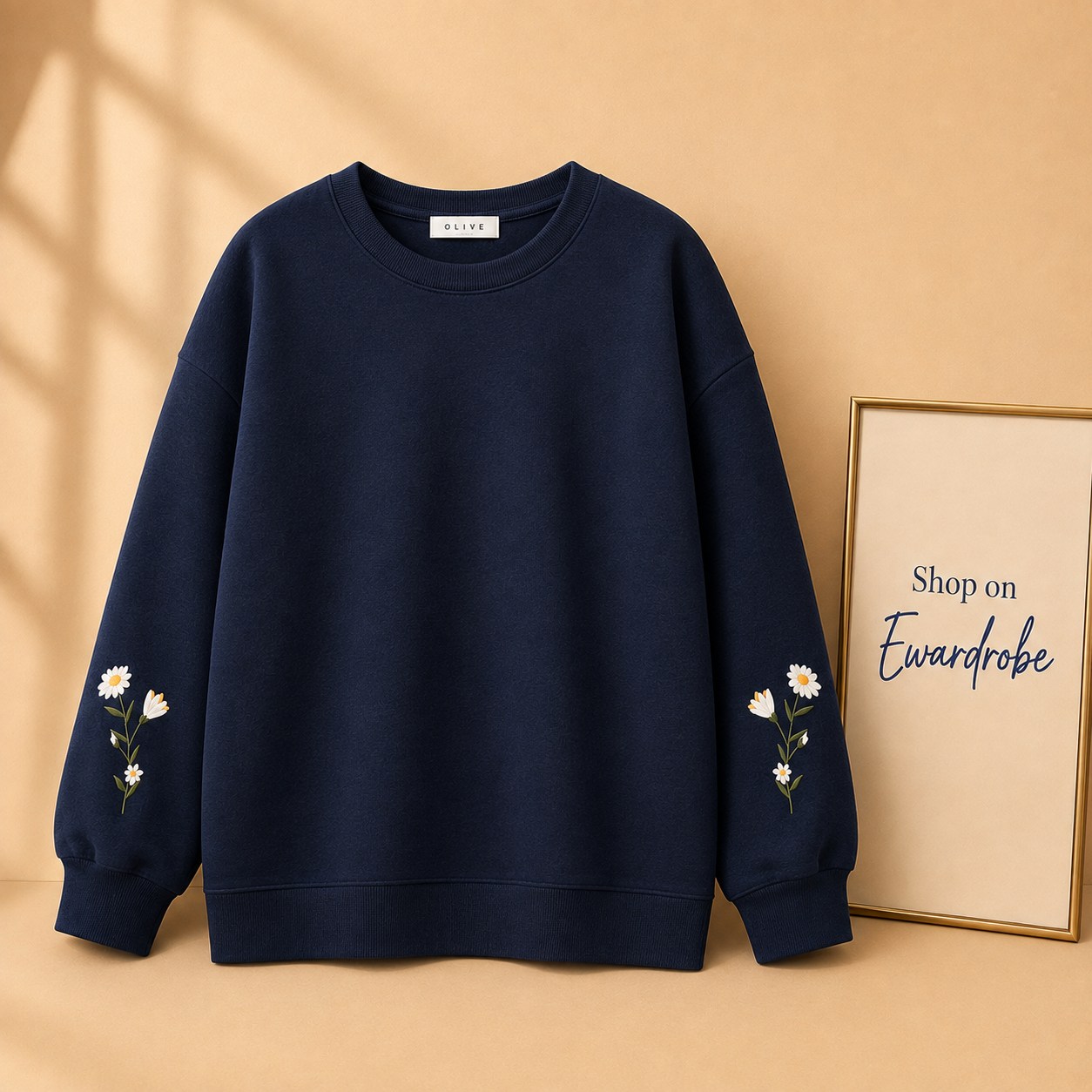 Flowers on Sleeves Navy blue Sweatshirt
