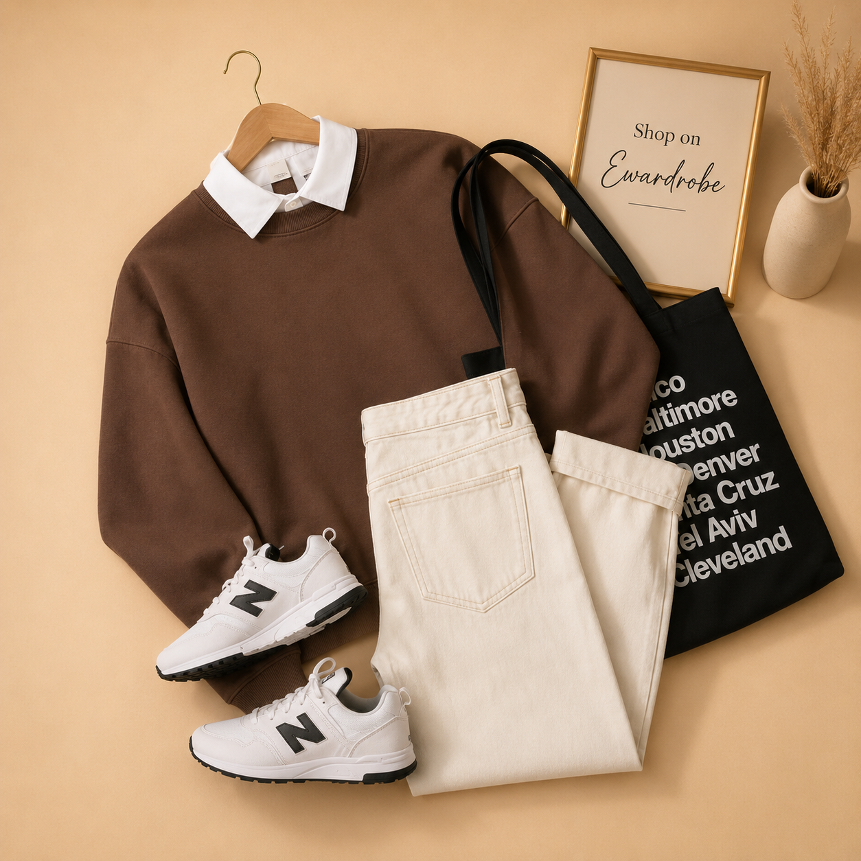 Brown Collar Sweatshirt With Beige Wideleg jeans