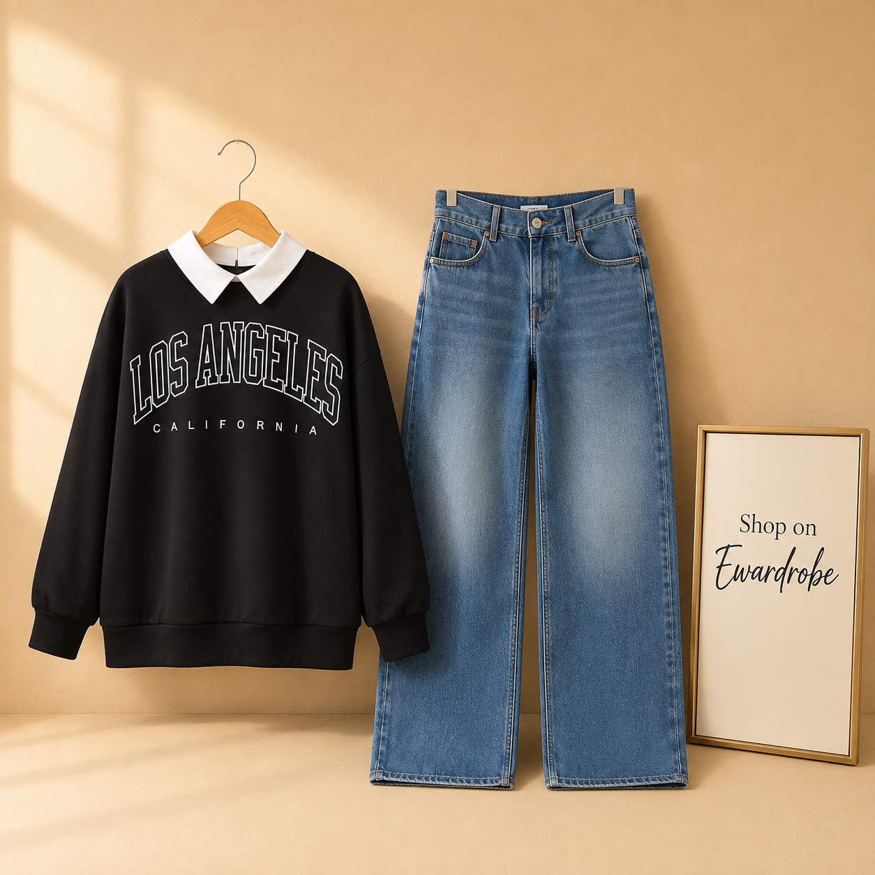 Black Collar LosAngeles Sweashirt with Midblue Wideleg jeans