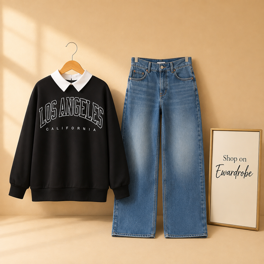 Black Collar LosAngeles Sweatshirt With Midblue Wide Leg Jeans