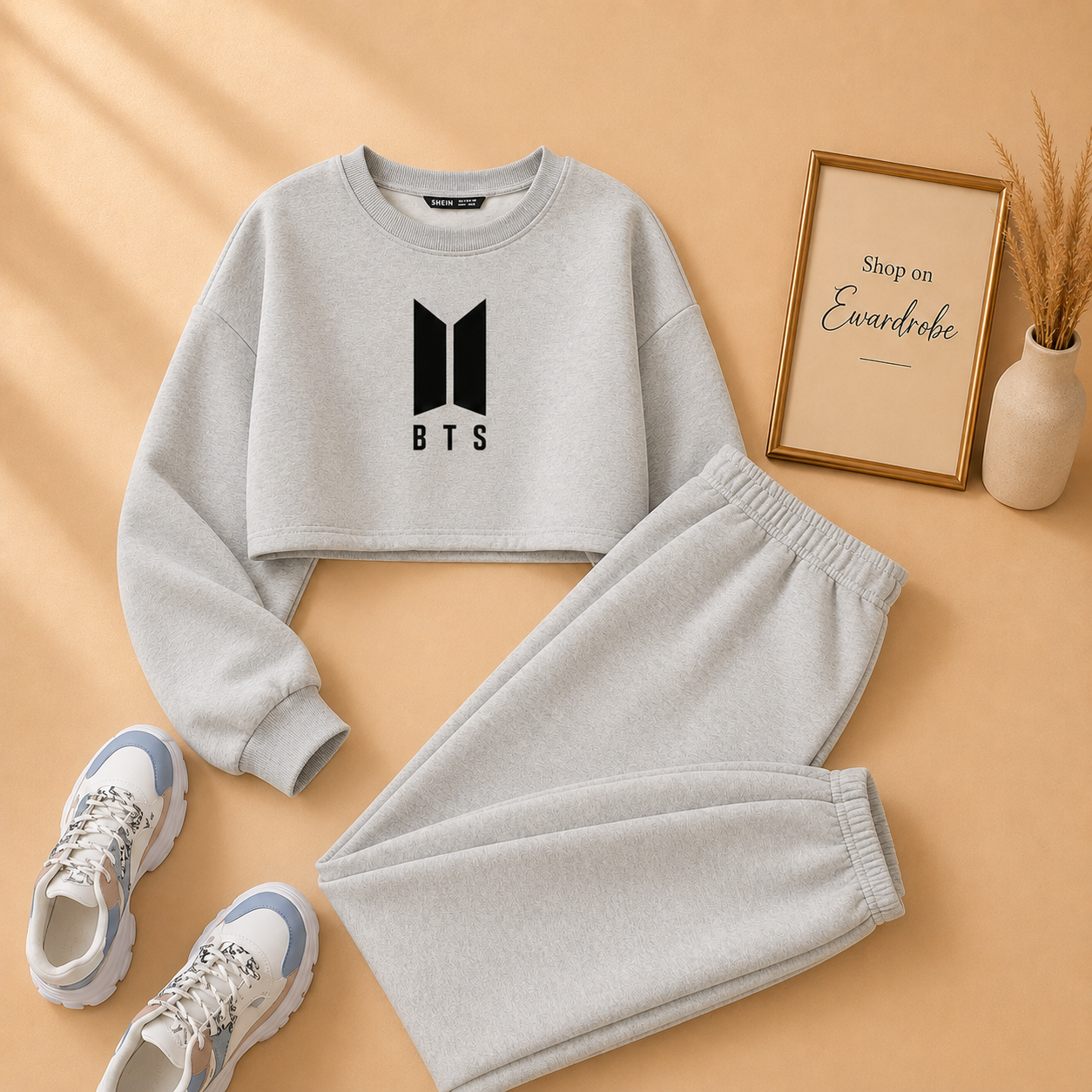 BTS Logo On Grey Crop Sweatshirt With Grey Trouser