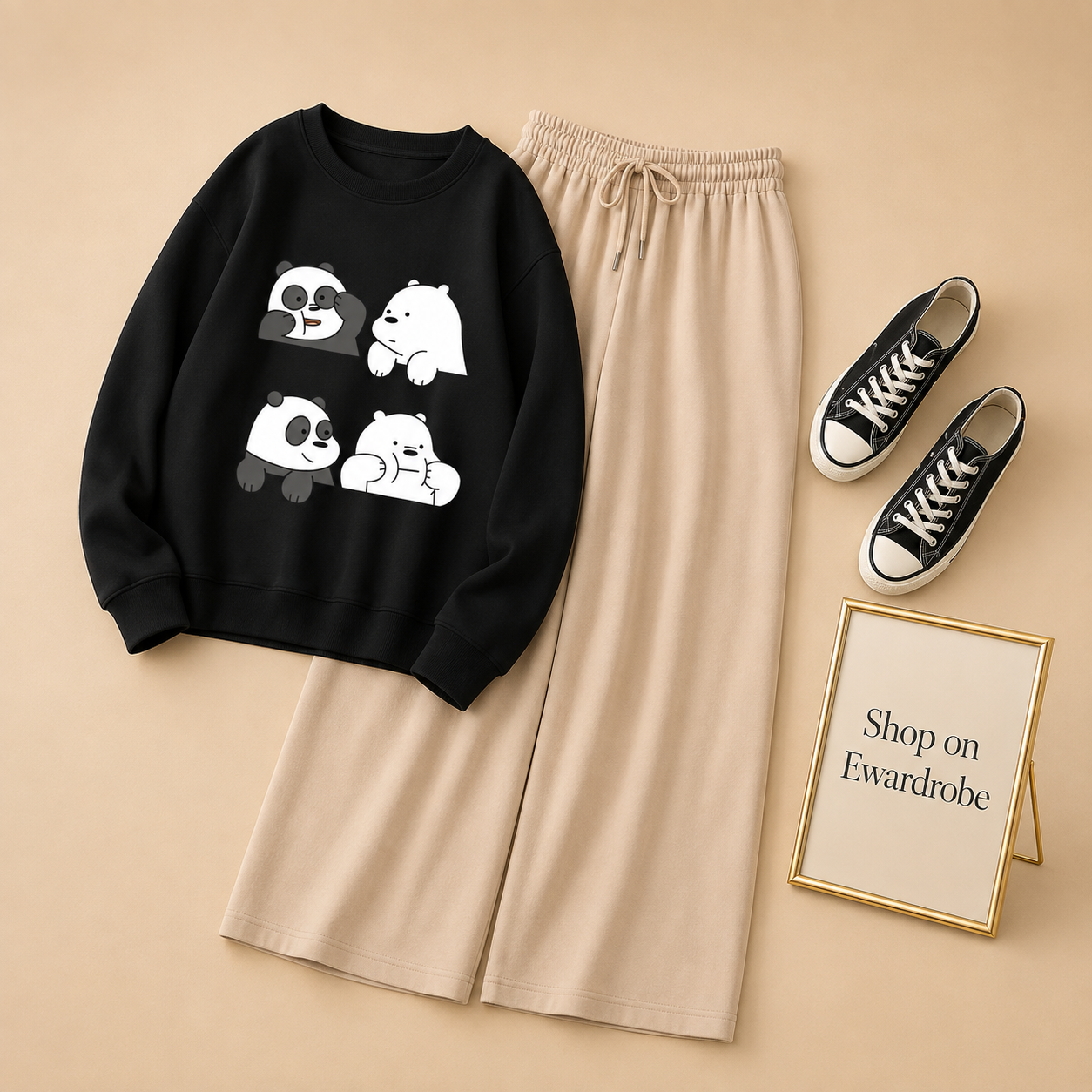4 BEAR BLACK SWEATSHIRT WITH BEIGE FLAPPER