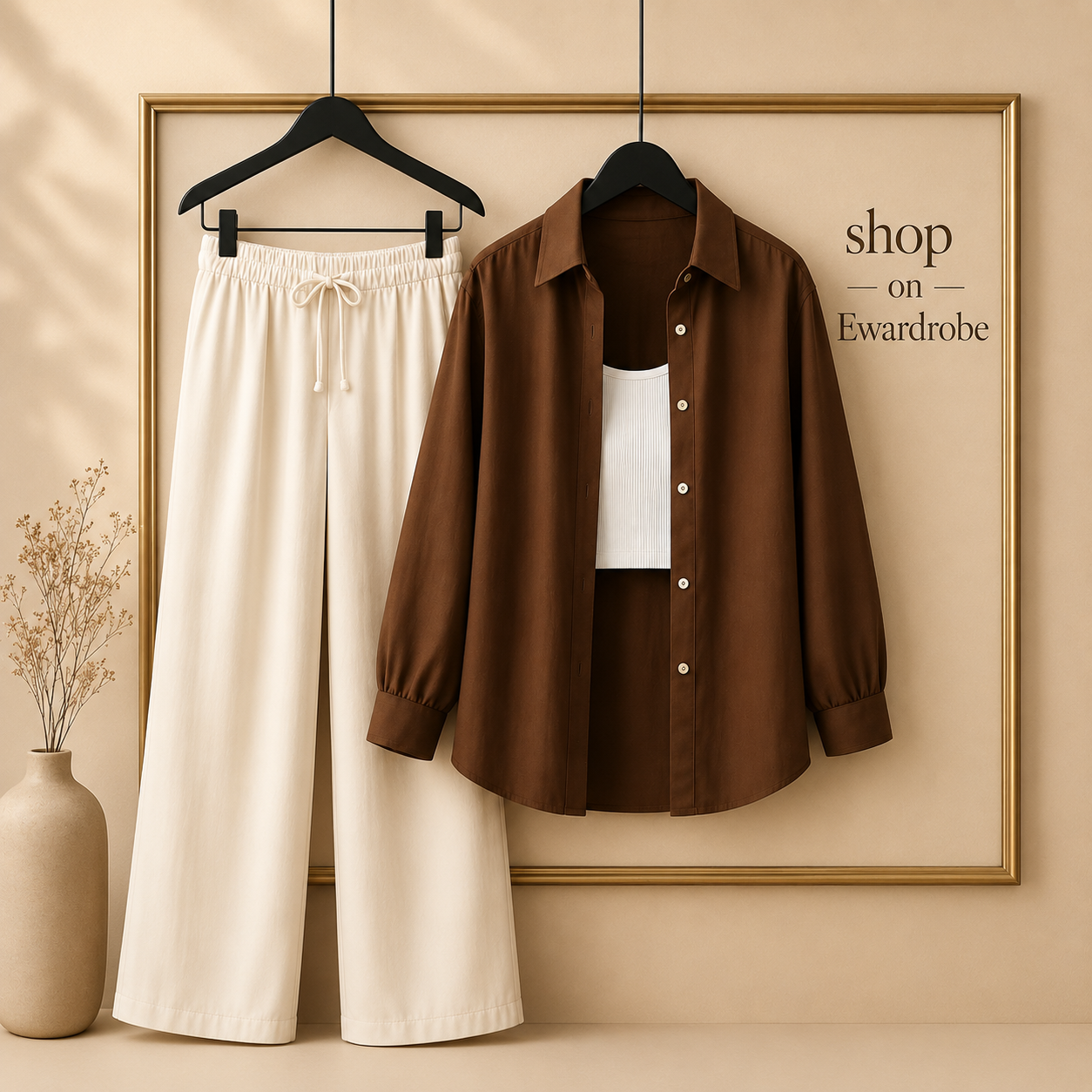 BROWN BUTTON SHIRT WITH WHITE FLAPPER AND WHITE TANK TOP