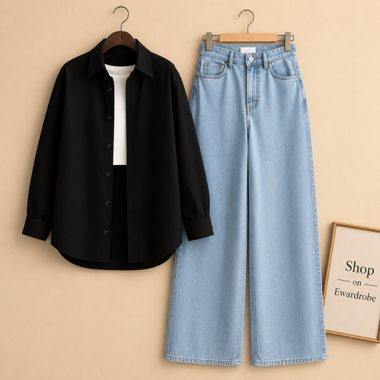 BLACK GREEN BUTTON DOWN SHIRT WITH WHITE INNER TANKTOP AND SKY BLUE WIDE LEG JEANS