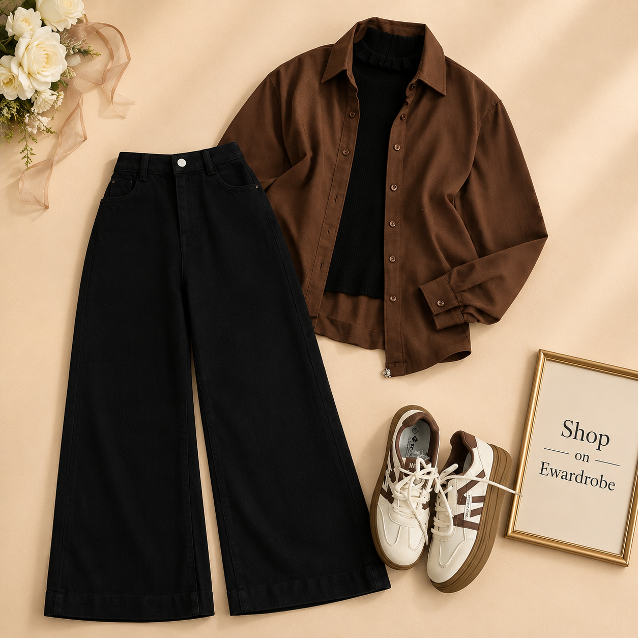 BROWN BUTTON DOWN SHIRT WITH BLACK INNER TEE AND BLACK WIDE LEG JEANS