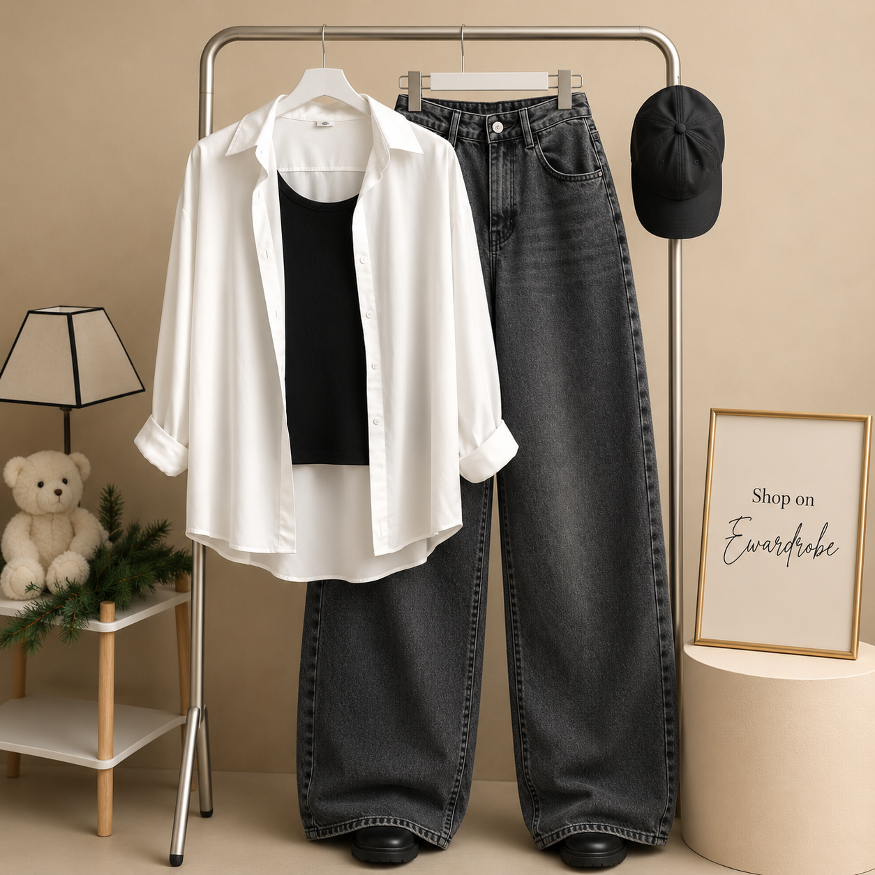 WHITE BUTTON DOWN SHIRT WITH BLACK INNER TEE AND MALAYSIAN BLACK  WIDE LEG JEANS