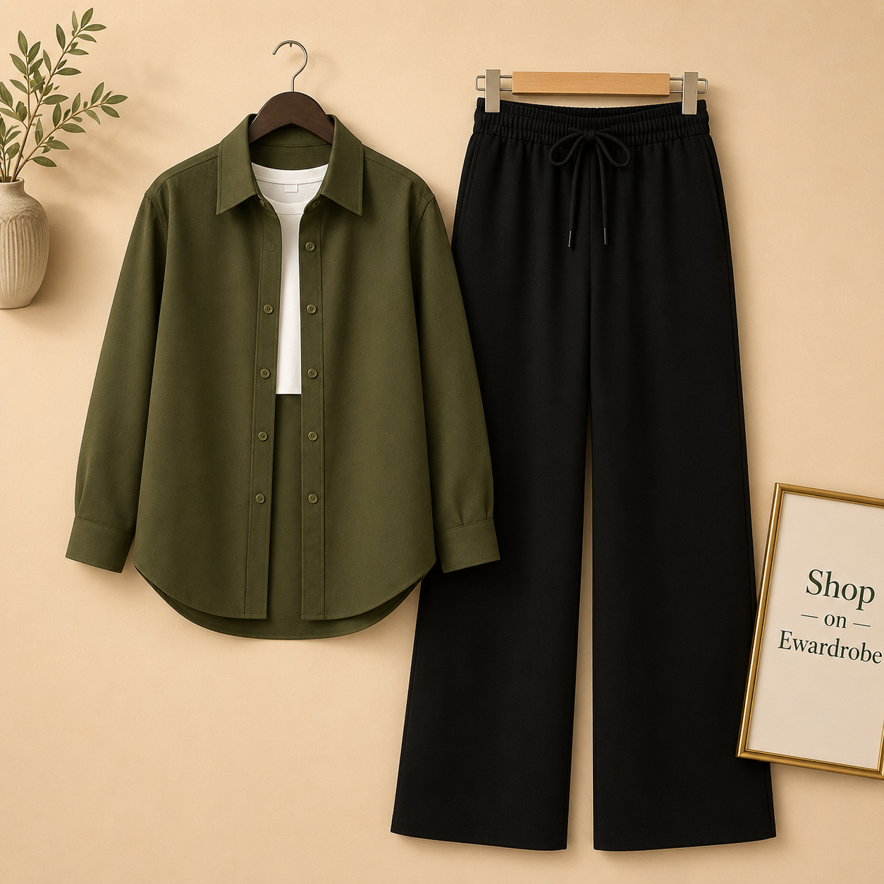 OLIVE GREEN BUTTON DOWN SHIRT WITH WHITE INNER TANKTOP AND BLACK WIDE LEG JEANS
