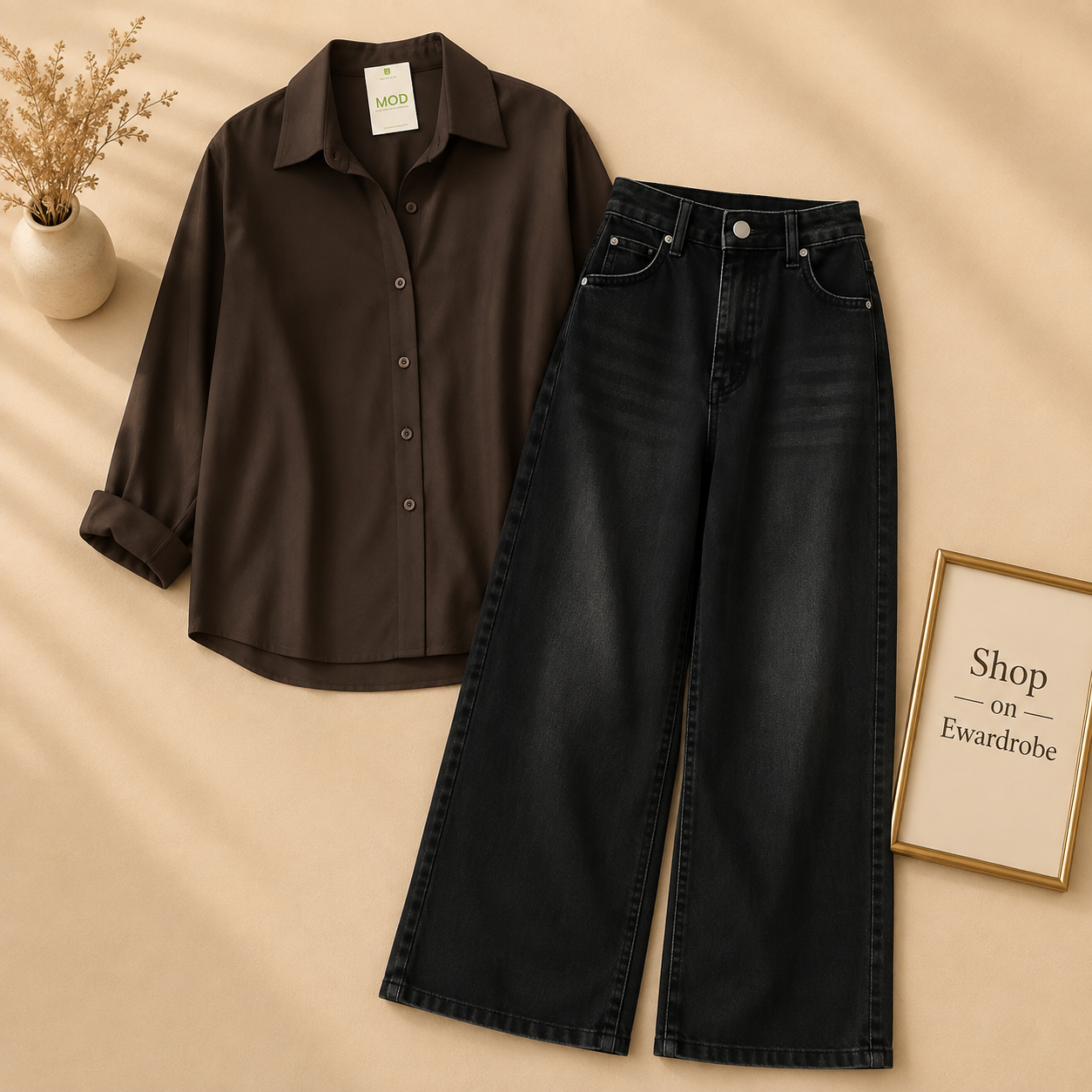 OLIVE GREEN BUTTON SHIRT WITH BLACK WIDE LEG JEANS