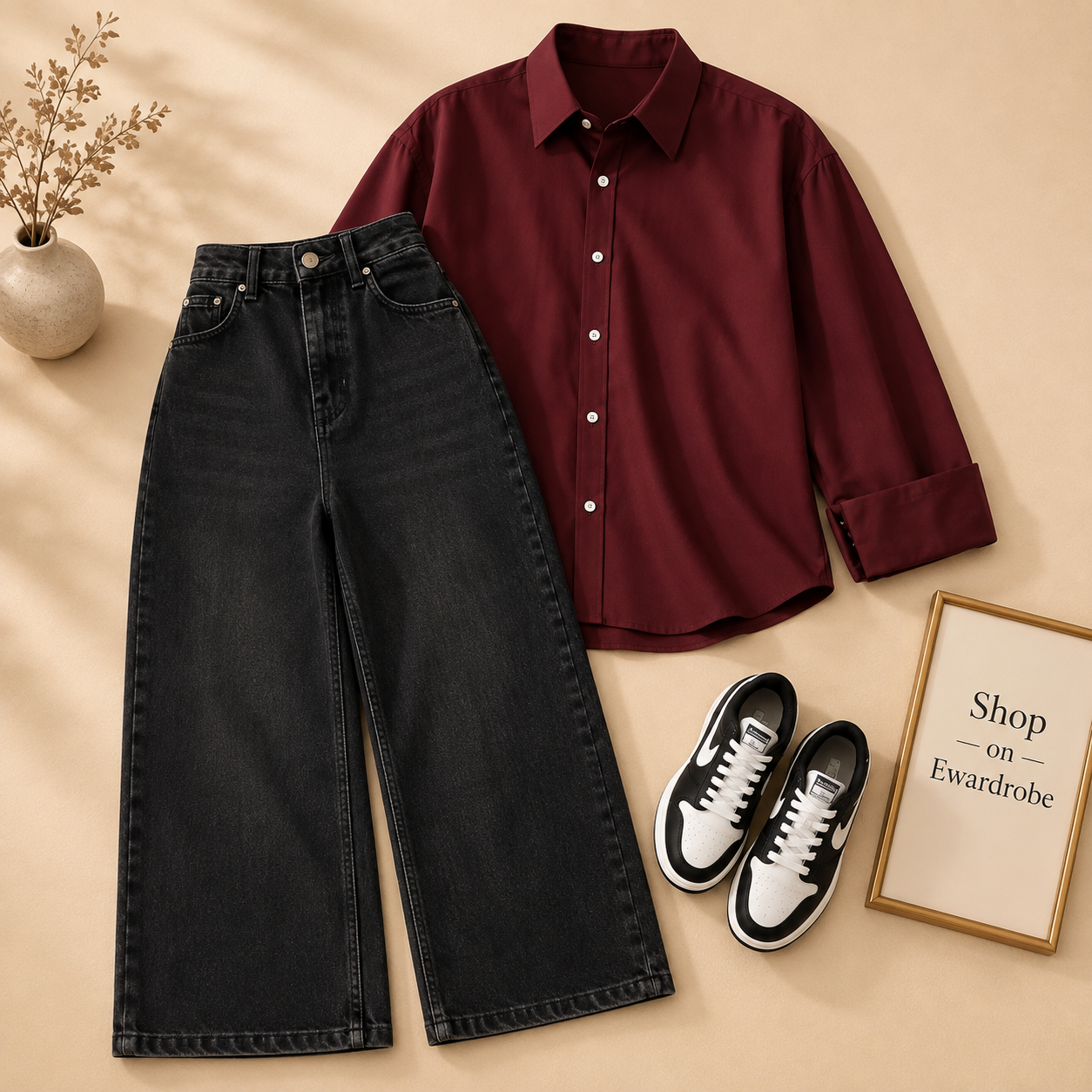 MAROON BUTTON SHIRT WITH BLACK WIDE LEG JEANS