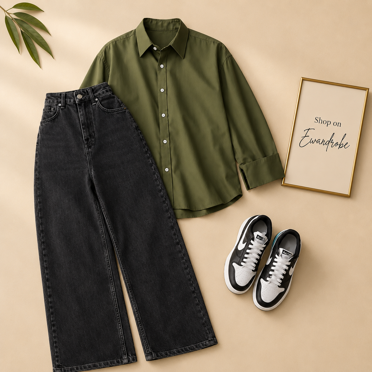 OLIVE GREEN BUTTON SHIRT WITH BLACK WIDE LEG JEANS