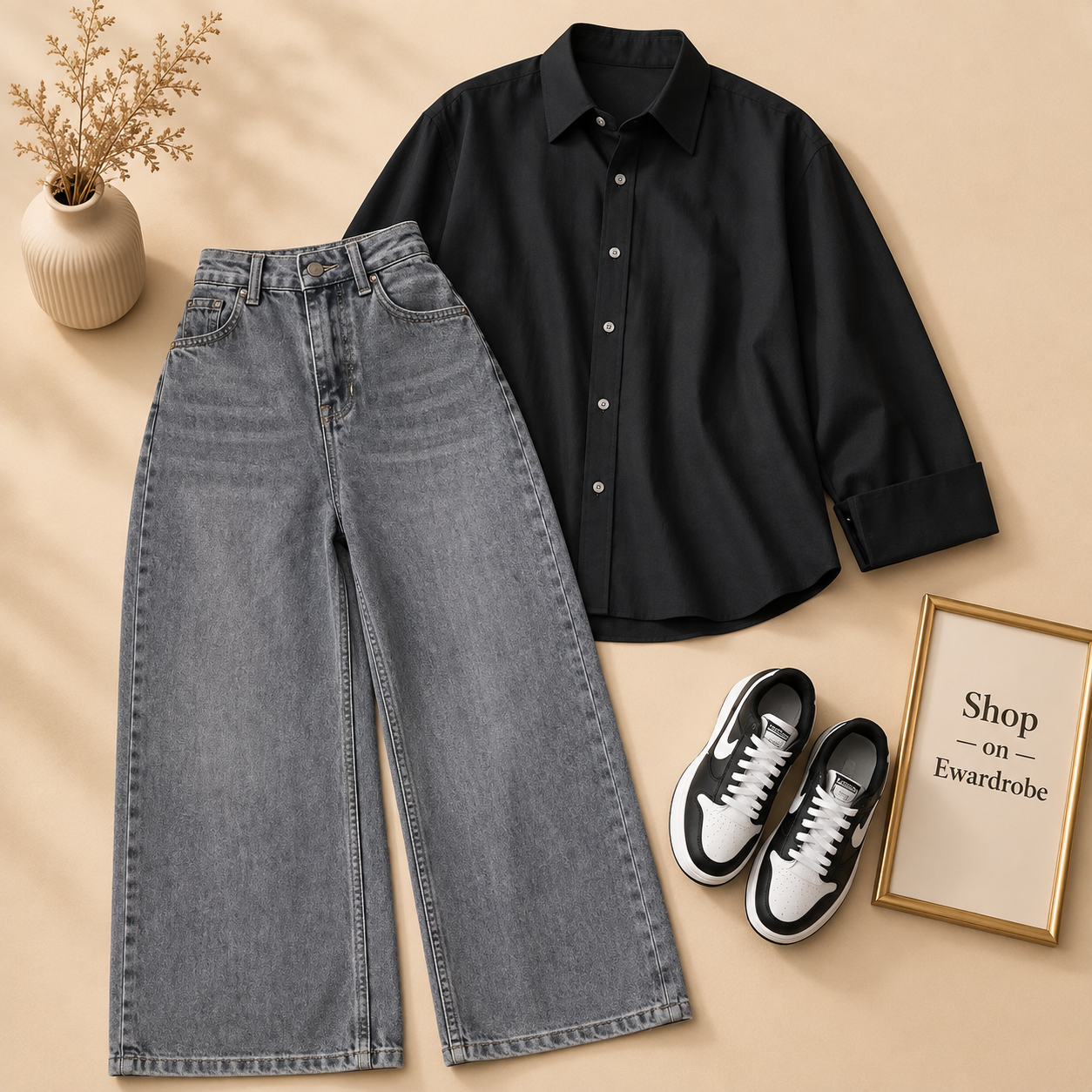 BLACK BUTTON SHIRT WITH CHARCOAL WIDE LEG JEANS