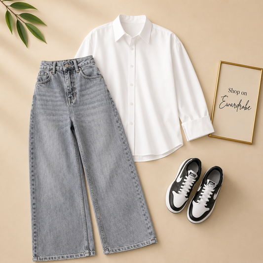 WHITE BUTTON SHIRT WITH CHARCOAL WIDE LEG JEANS