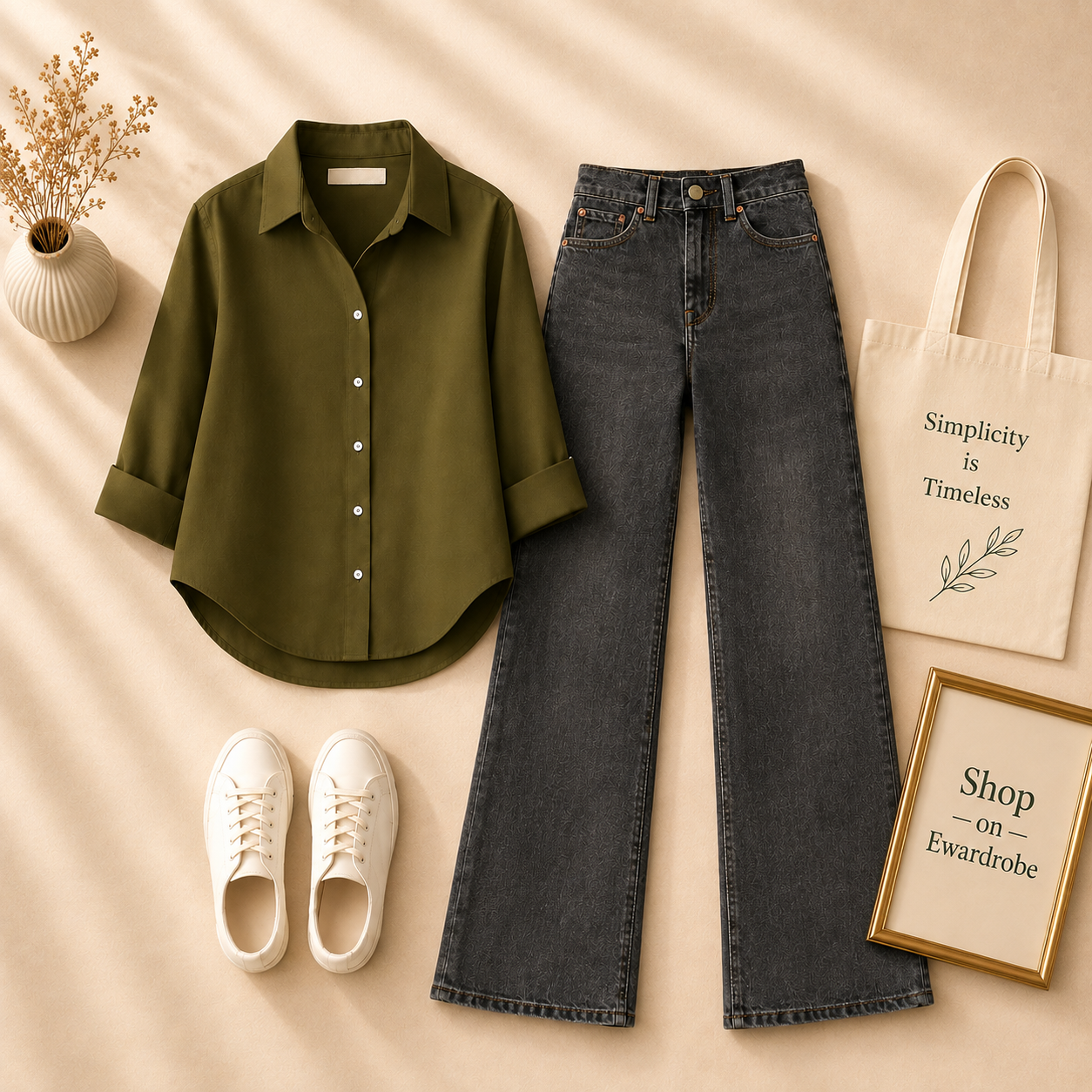 OLIVE GREEN BUTTON SHIRT WITH BLACK MALAYSIAN WIDE LEG JEANS