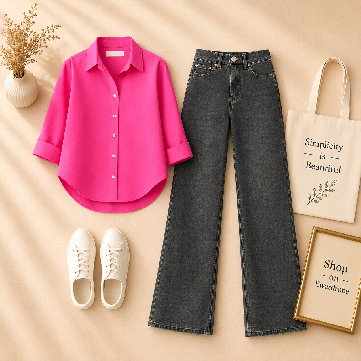 BABY PINK BUTTON SHIRT WITH BLACK MALAYSIAN WIDE LEG JEANS
