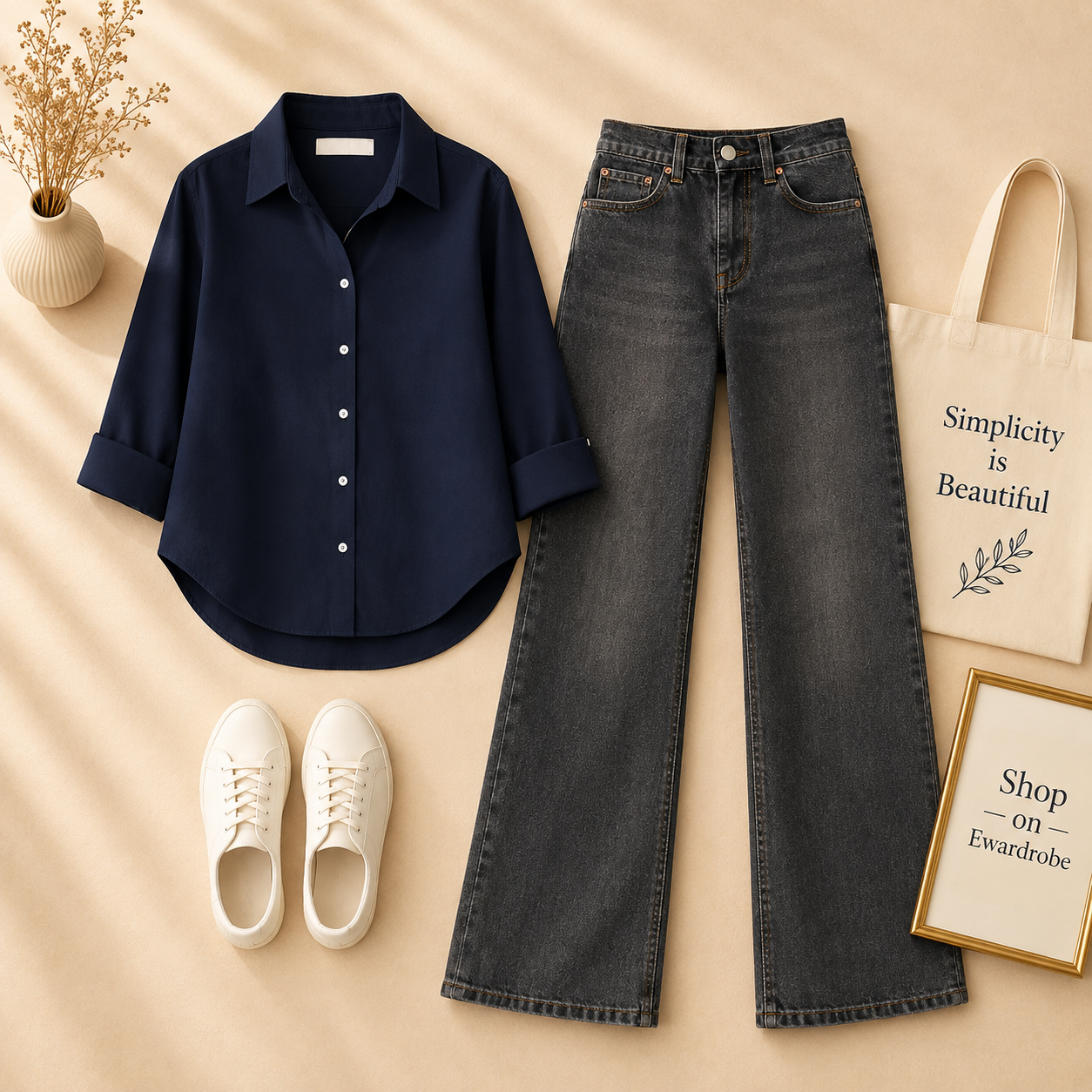 NAVY BLUE BUTTON SHIRT WITH BLACK MALAYSIAN WIDE LEG JEANS