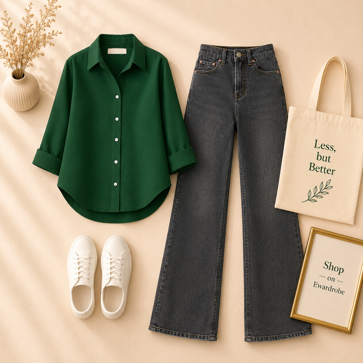 DARK GREEN BUTTON SHIRT WITH BLACK MALAYSIAN WIDE LEG JEANS