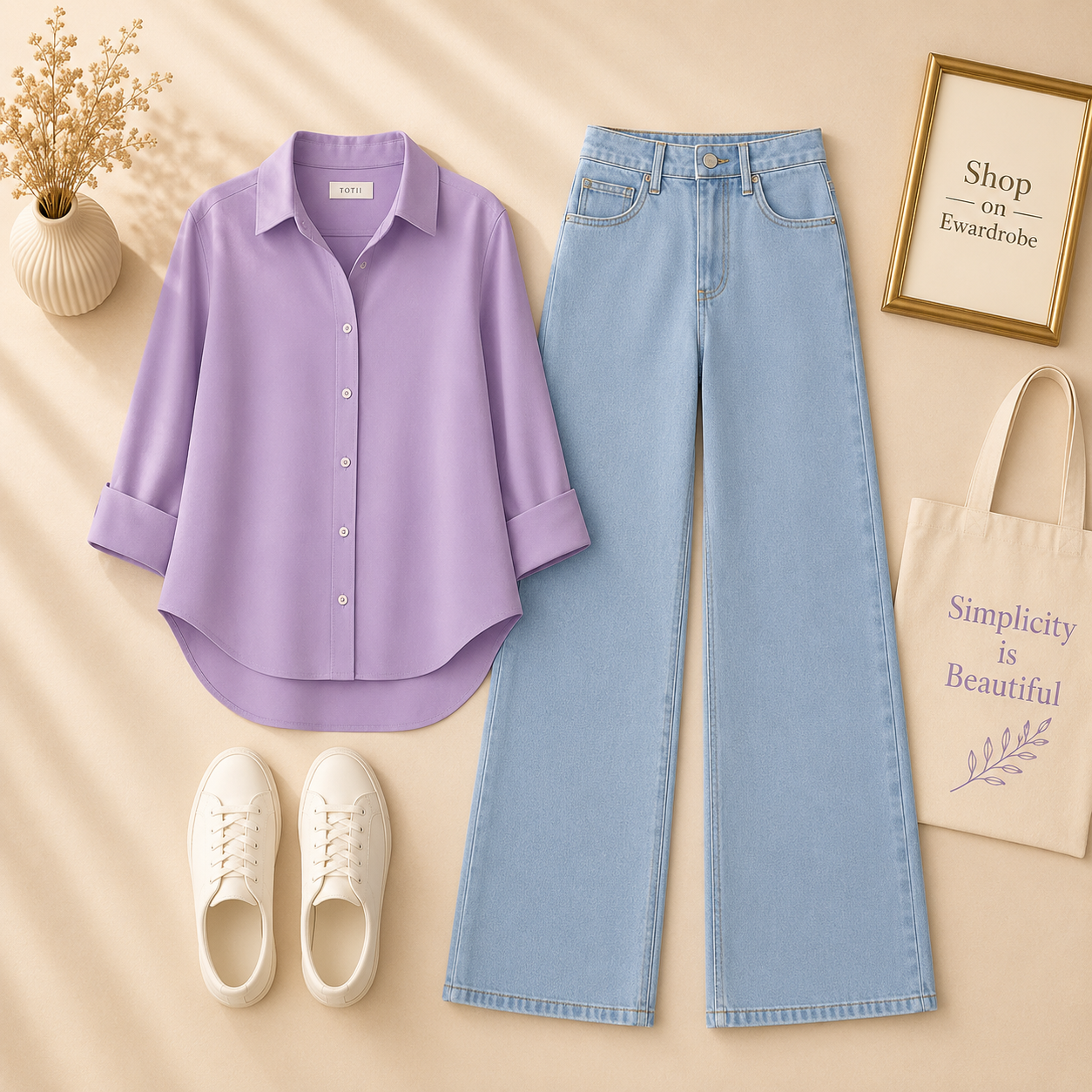 LILAC BUTTON SHIRT WITH SKY BLUE WIDE LEG JEANS