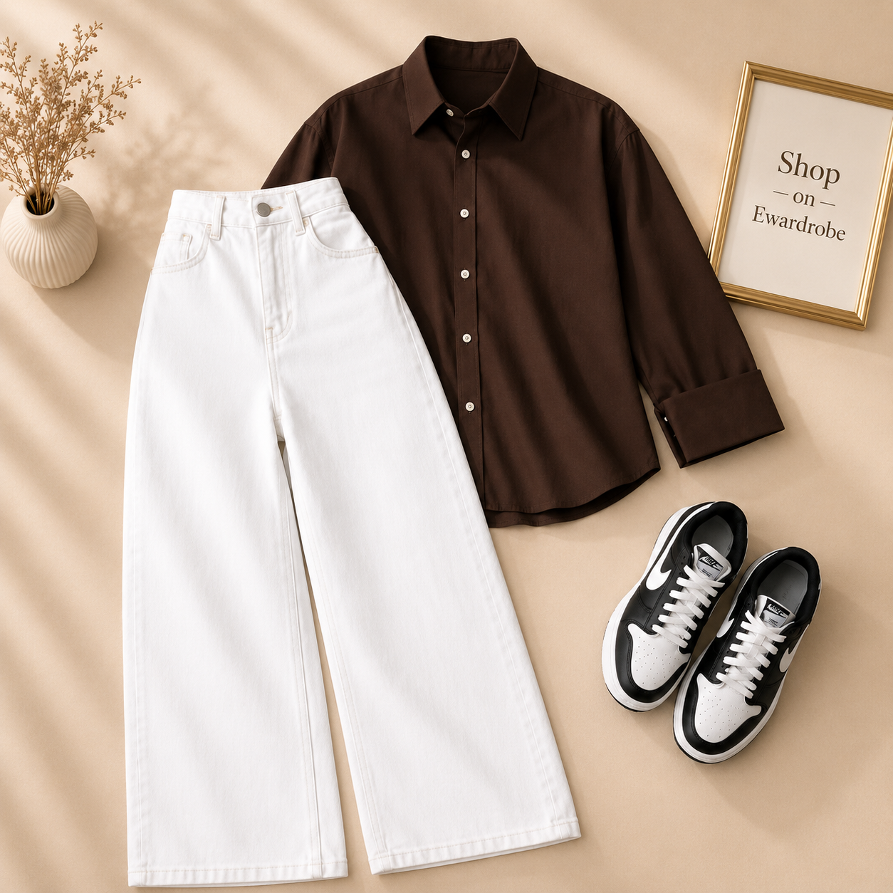 BROWN BUTTON SHIRT WITH WHITE WIDE LEG JEANS