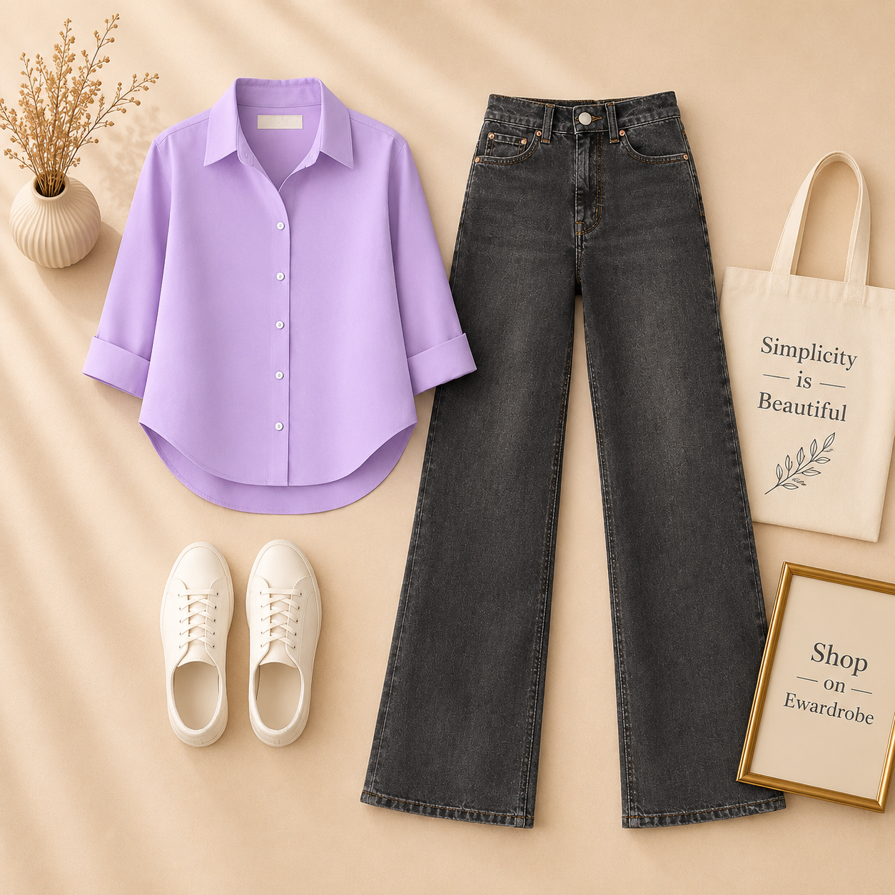 LILAC BUTTON SHIRT WITH BLACK MALAYSIAN WIDE LEG JEANS