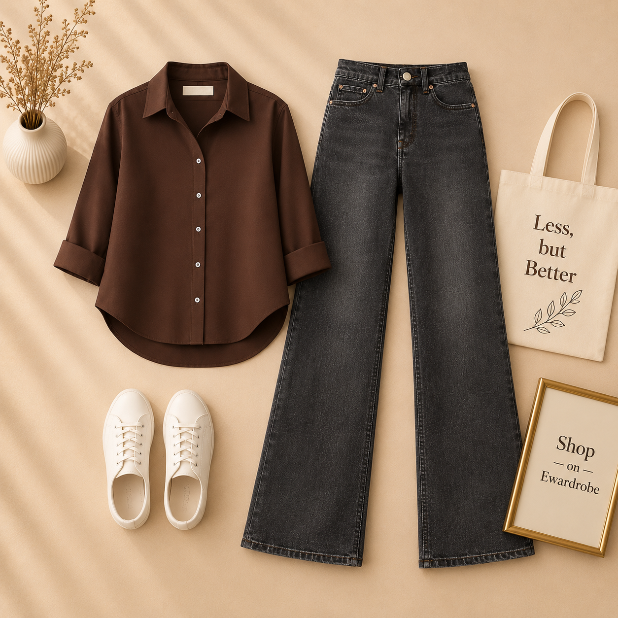 BROWN BUTTON SHIRT WITH BLACK MALAYSIAN WIDE LEG JEANS