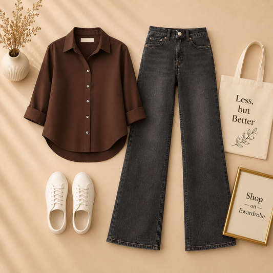 Brown Button Shirt With Black Malaysian Wide leg Jeans