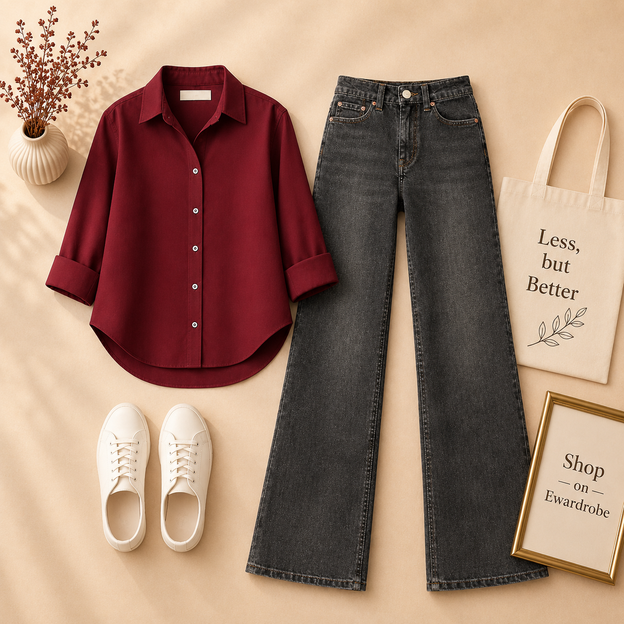 MAROON BUTTON SHIRT WITH BLACK MALAYSIAN WIDE LEG JEANS