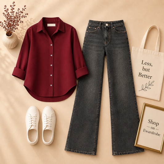 MAROON BUTTON SHIRT WITH BLACK MALAYSIAN WIDE LEG JEANS