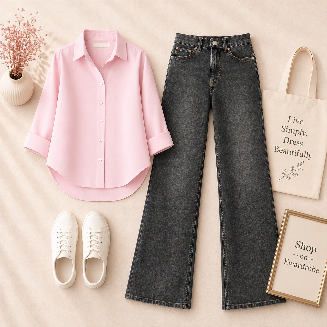 PINK BUTTON SHIRT WITH BLACK MALAYSIAN WIDE LEG JEANS