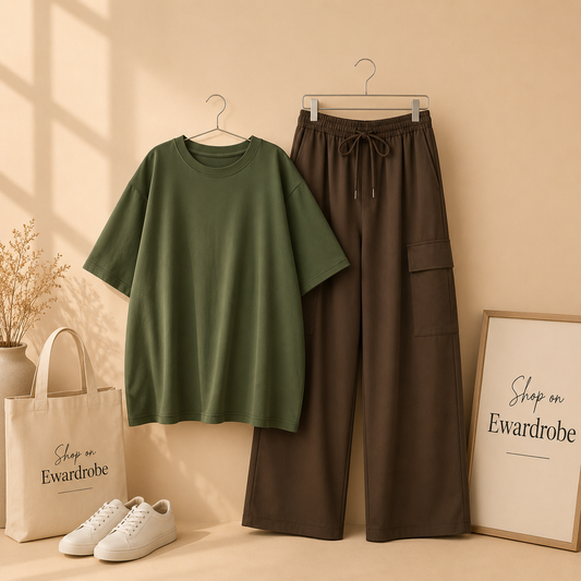 OLIVE GREEN TSHIRT WITH BROWN CARGO TROUSER