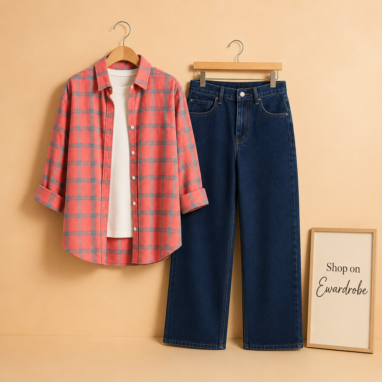 PINK GREY CHECK SHIRT WITH INNER AND MID BLUE WIDE LEG JEANS
