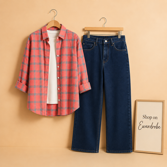 Pink Grey Check With White Inner Tee and Mid Blue Wide Leg Jeans