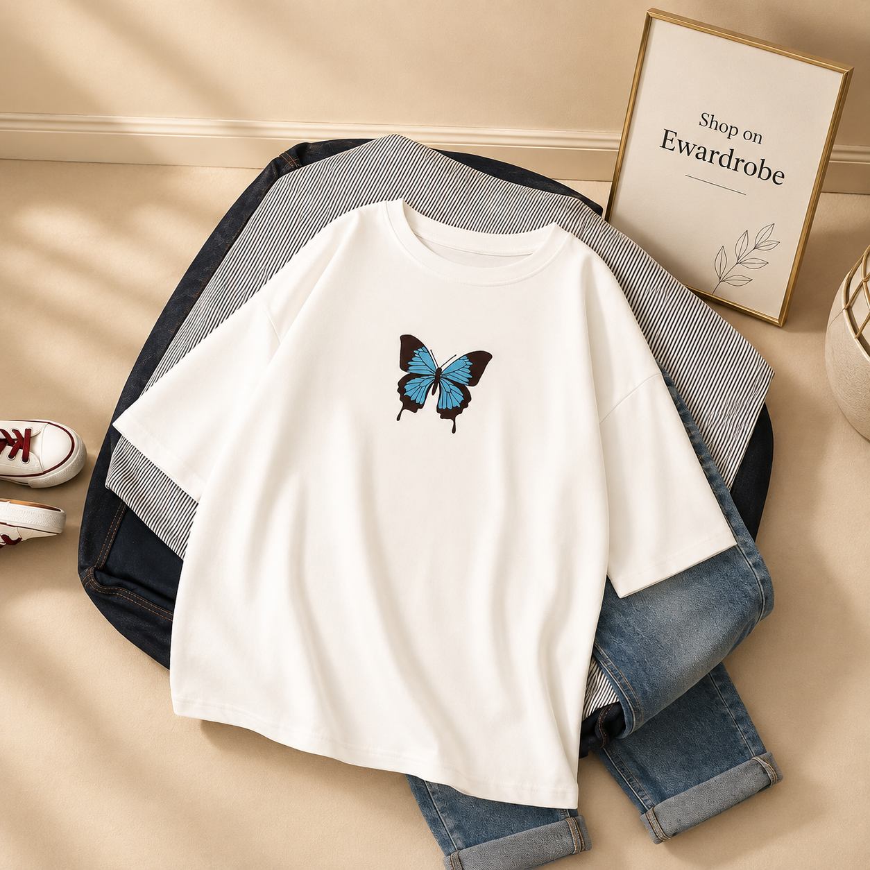 WHITE TSHIRT BLUE BUTTERFLY ON CENTRE