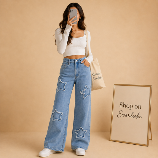 ICE BLUE STAR WIDE LEG JEANS
