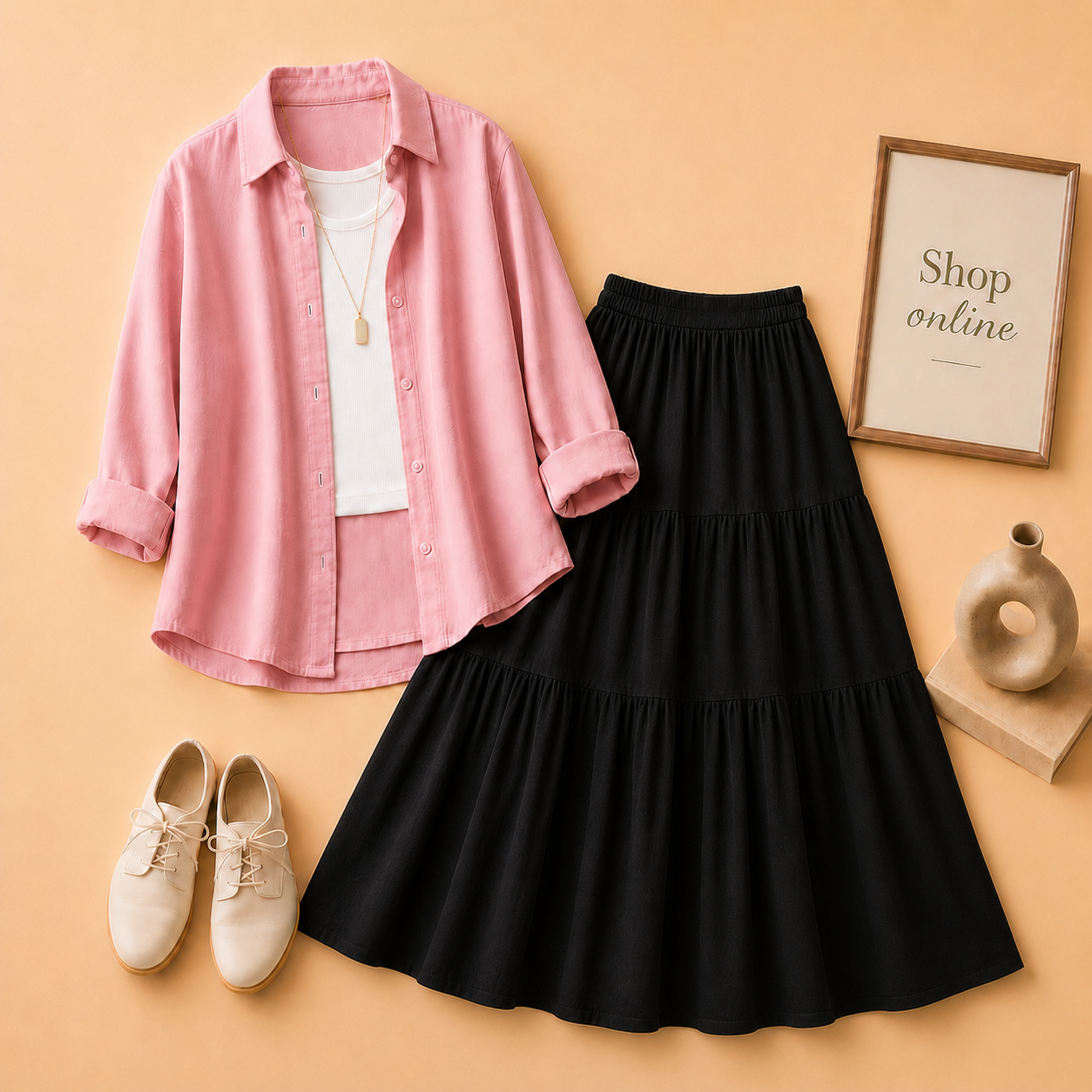 PINK BUTTON DOWN, WHITE TANK TOP AND 3 TIER BLACK TWILL LONG SKIRT
