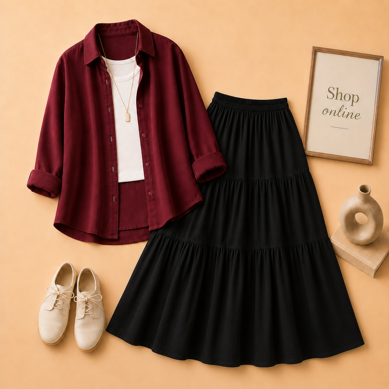 MAROON BUTTON DOWN, WHITE TANK TOP AND BLACK 3 TIER TWILL LONG SKIRT
