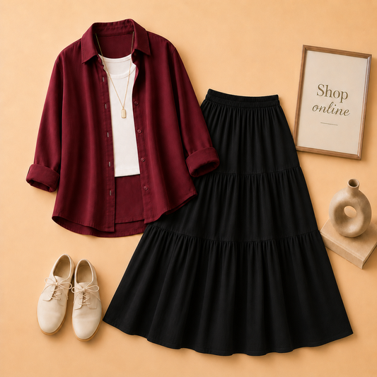 MAROON BUTTON DOWN, WHITE TANK TOP AND BLACK 3 TIER TWILL LONG SKIRT