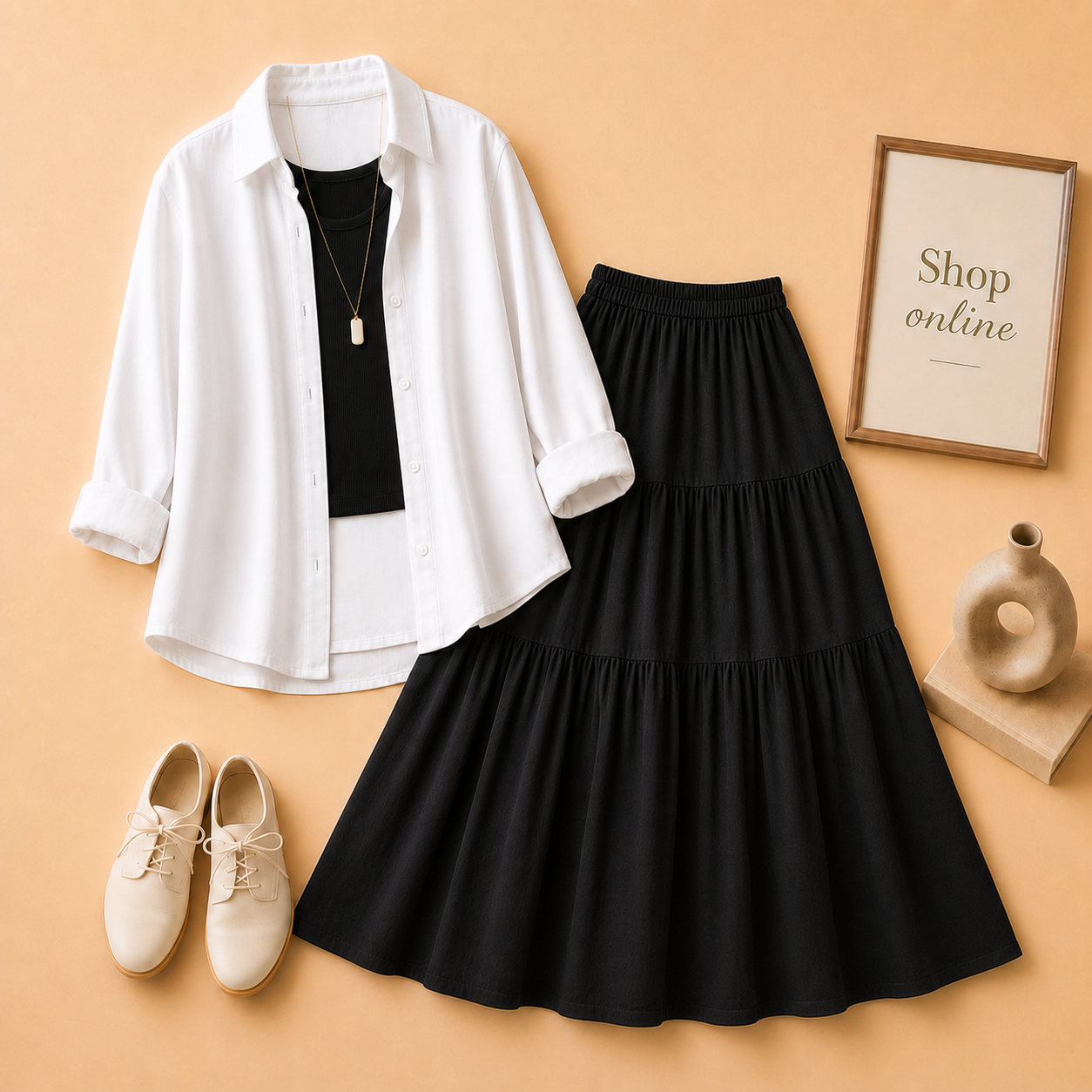 MAROON BUTTON DOWN, WHITE TANK TOP AND BLACK 3 TIER TWILL LONG SKIRT
