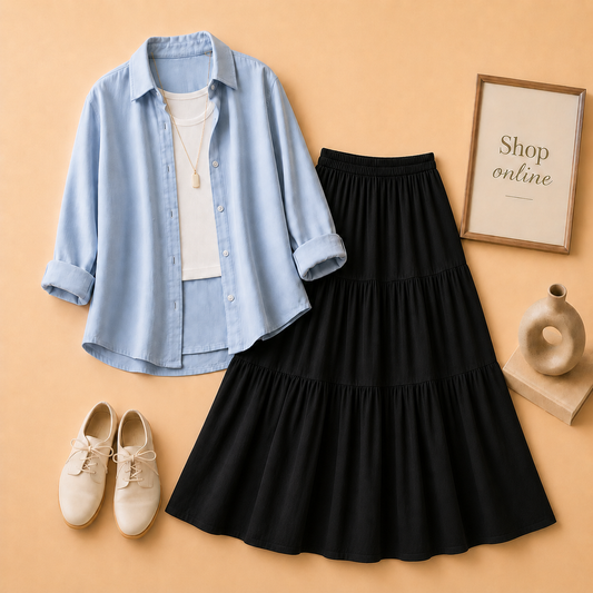 SKYBLUE BUTTON DOWN, WHITE TANK TOP AND BLACK 3 TIER TWILL LONG SKIRT