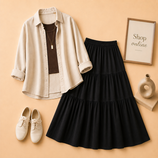 BEIGE BUTTON DOWN, BROWN TANK TOP AND BLACK 3 TIER TWILL LONG SKIRT