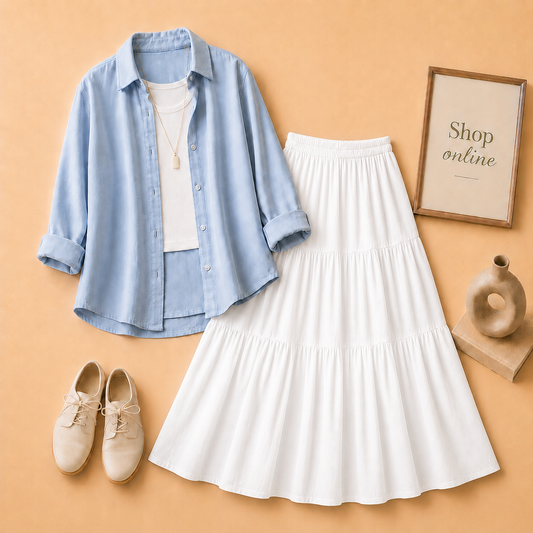 SKYBLUE BUTTON DOWN, WHITE TANK TOP AND WHITE 3 TIER TWILL LONG SKIRT