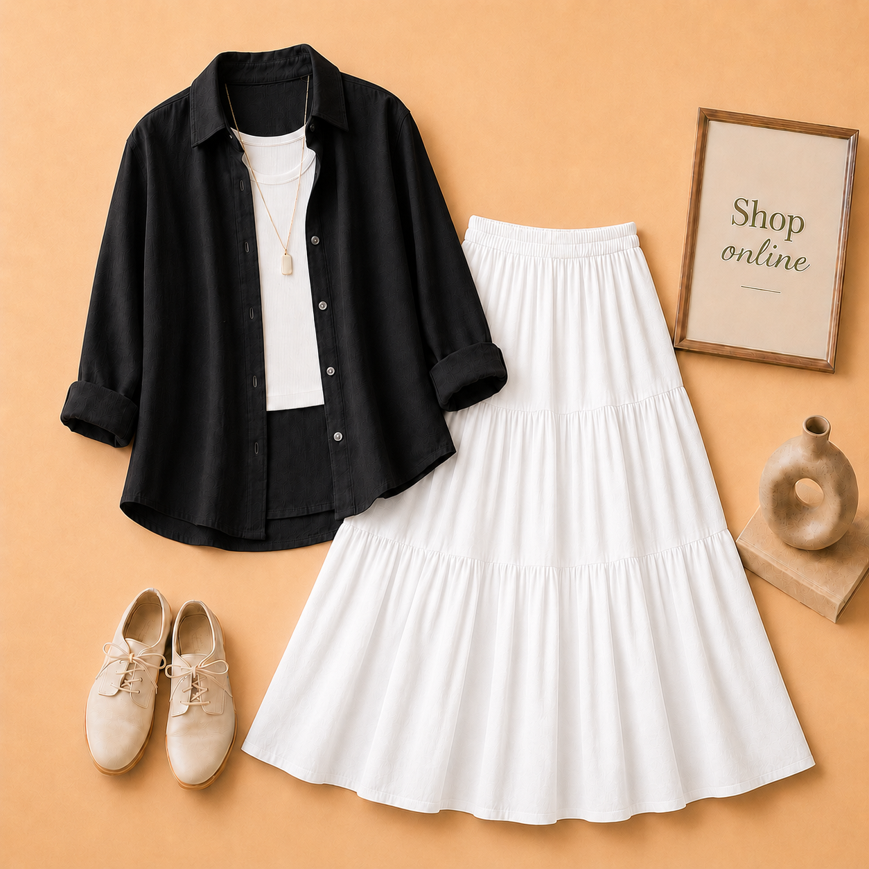BLACK BUTTON DOWN, WHITE TANK TOP AND WHITE 3 TIER TWILL LONG SKIRT