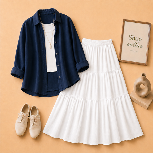 NAVY BLUE BUTTON DOWN, WHITE TANK TOP AND WHITE 3 TIER TWILL LONG SKIRT
